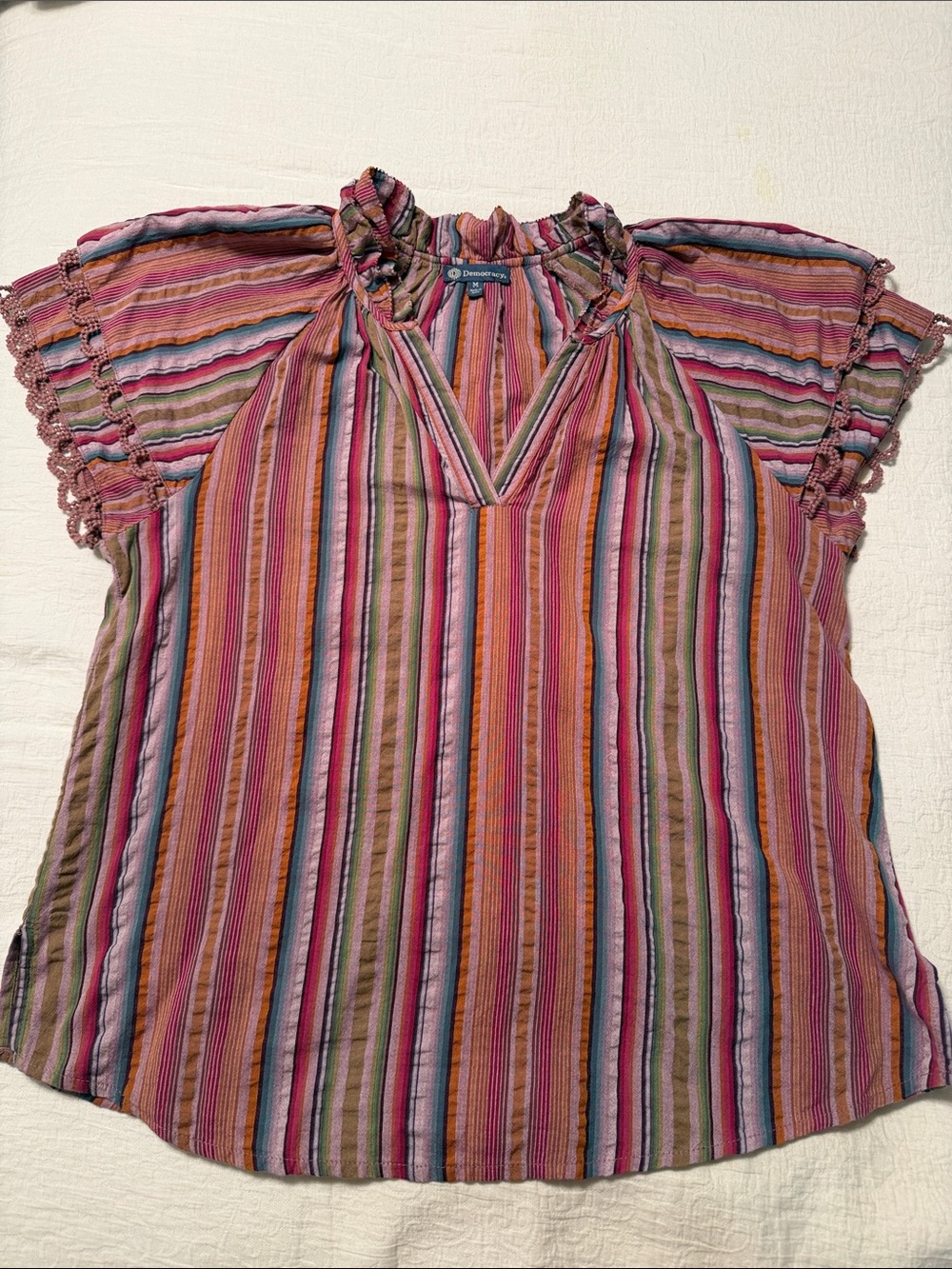 Democracy Pink/Purple Striped Ruffle Sleeve Blouse